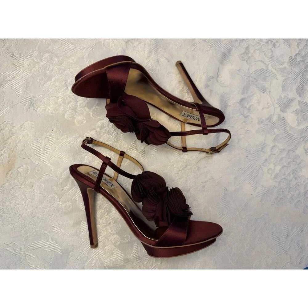 Badgley Mischka Heels Womens Randee Ruffle Flower Ankle Strap Satin Dark Red 10M